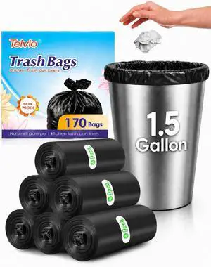 Teivio 1.5 Gallon(Fit 1.5-1.6 Gal)170 Counts Strong Trash Bags 1.5 Gallon 1.6 Gallon Garbage Bags, Bathroom Trash Can Bin Liners, Small Plastic Bags for home office kitchen, Black Teivio 1.5 Gallon(Fit 1.5-1.6 Gal)170 Counts Strong Trash Bags 1.5 Gallon 1.6 Gallon Garbage Bags, Bathroom Trash Can Bin Liners, Small Plastic Bags for home office kitchen, Black