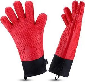 Comsmart BBQ Gloves, Heat Resistant Silicone Grilling Gloves, Long Waterproof BBQ Kitchen Oven Mitts with Inner Cotton Layer for Barbecue, Cooking, Baking, Smoker(Red) Comsmart BBQ Gloves, Heat Resistant Silicone Grilling Gloves, Long Waterproof BBQ Kitchen Oven Mitts with Inner Cotton Layer for Barbecue, Cooking, Baking, Smoker(Red)
