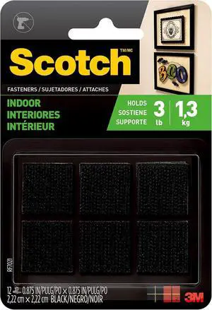 Multi-Purpose Hook and Loop Fasteners, For Indoor Use, Black, 7/8 in, 12-Pair, 24-Squares Multi-Purpose Hook and Loop Fasteners, For Indoor Use, Black, 7/8 in, 12-Pair, 24-Squares