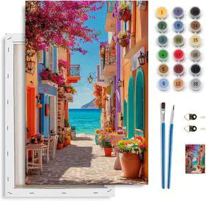 Greek Coastal Street Framed Paint by Numbers Kit for Adult, Street Adult Paint by Number Kits on Canvas, DIY Acrylic Oil Easy Seascape Painting by Numbers for Home Wall Decor, 8x12in Greek Coastal Street Framed Paint by Numbers Kit for Adult, Street Adult Paint by Number Kits on Canvas, DIY Acrylic Oil Easy Seascape Painting by Numbers for Home Wall Decor, 8x12in