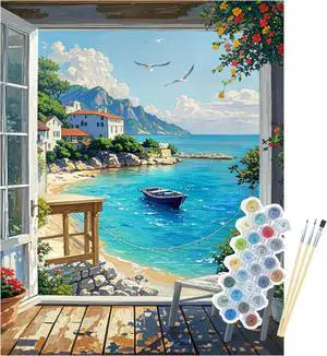 Seaside Window Paint by Numbers for Adults, 16x20" Coastal Landscape Kit | DIY Beginners Number Artist Set, Premium Acrylics, Canvas & 3 Brushes. Relaxing Art Kit for Home Wall Decor Creation Hobby Seaside Window Paint by Numbers for Adults, 16x20" Coastal Landscape Kit | DIY Beginners Number Artist Set, Premium Acrylics, Canvas & 3 Brushes. Relaxing Art Kit for Home Wall Decor Creation Hobby