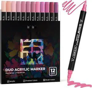 12 Pink Acrylic Paint Markers, Dual Tip Acrylic Brush Pens with Fine Tip & Brush Point, Sweet Pink Acrylic Markers for Wood Canvas Stone Glass Rock Painting 12 Pink Acrylic Paint Markers, Dual Tip Acrylic Brush Pens with Fine Tip & Brush Point, Sweet Pink Acrylic Markers for Wood Canvas Stone Glass Rock Painting