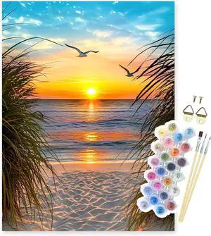 Paint by Numbers Kit for Adults, Beach Sunset Art for Beginners, 16x20 Inch | Number Artist Landscape DIY Art Set: 16x20 Canvas, Acrylic Paints and 3 Brushes; Relaxing Craft for Home Decor and Gifts Paint by Numbers Kit for Adults, Beach Sunset Art for Beginners, 16x20 Inch | Number Artist Landscape DIY Art Set: 16x20 Canvas, Acrylic Paints and 3 Brushes; Relaxing Craft for Home Decor and Gifts