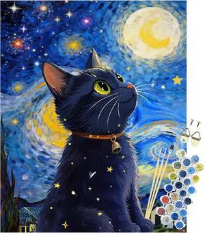 Starry Night Black Cat Paint by Numbers Kit for Adults, 16x20" DIY Art | Beginner Set for Number Artists: Canvas, Acrylic Paints, 3 Brushes & Hanging Tools; Relaxing Cat Art for Home Decor and Gifts Starry Night Black Cat Paint by Numbers Kit for Adults, 16x20" DIY Art | Beginner Set for Number Artists: Canvas, Acrylic Paints, 3 Brushes & Hanging Tools; Relaxing Cat Art for Home Decor and Gifts
