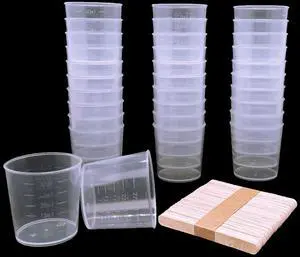 60 Pcs Plastic Graduated Cups, 30ml/1oz Clear Scale Cups | Transparent Experiment Measuring Cup with 50 Pcs Wooden Stirring Sticks for Epoxy, Resin, Stain, Mixing Paint 60 Pcs Plastic Graduated Cups, 30ml/1oz Clear Scale Cups | Transparent Experiment Measuring Cup with 50 Pcs Wooden Stirring Sticks for Epoxy, Resin, Stain, Mixing Paint