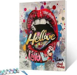Painting by Numbers Kits for Adults and Kids - Lips Graffiti Sticking Out Tongue - DIY Oil Painting Digital on Canvas Wall Art Decoration Gift 16'' by 20'' Painting by Numbers Kits for Adults and Kids - Lips Graffiti Sticking Out Tongue - DIY Oil Painting Digital on Canvas Wall Art Decoration Gift 16'' by 20''