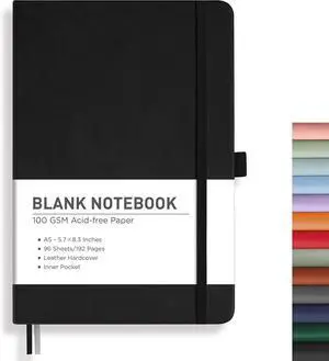 Blank Journal Notebook, 192 Pages, A5 Medium Size (5.7'' x 8.3'') | Leather Hardcover, 100 GSM Thick Paper, for Sketching, Drawing, Painting (Black) Blank Journal Notebook, 192 Pages, A5 Medium Size (5.7'' x 8.3'') | Leather Hardcover, 100 GSM Thick Paper, for Sketching, Drawing, Painting (Black)
