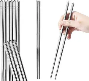 Premium Reusable Stainless Steel Chopsticks - 5 Pairs, 9.5 Inch, Square, Non-Slip, Dishwasher Safe, Use for Home, Kitchen, Hotel, Restaurant Premium Reusable Stainless Steel Chopsticks - 5 Pairs, 9.5 Inch, Square, Non-Slip, Dishwasher Safe, Use for Home, Kitchen, Hotel, Restaurant