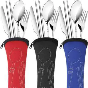 Arroyner 3 Pack Reusable Flatware Sets Knife, Fork, Spoon, Chopsticks, 12Pcs Portable Travel Stainless Steel Tableware Dinnerware with Carrying Case Arroyner 3 Pack Reusable Flatware Sets Knife, Fork, Spoon, Chopsticks, 12Pcs Portable Travel Stainless Steel Tableware Dinnerware with Carrying Case