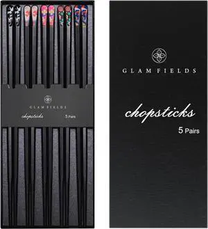 GLAMFIELDS 5 Pairs Premium Chopsticks Reusable Dishwasher Safe 9.5 Inch Fiberglass Chop Sticks Gift Set Hexagon Black Non Slip with the Printed Tops GLAMFIELDS 5 Pairs Premium Chopsticks Reusable Dishwasher Safe 9.5 Inch Fiberglass Chop Sticks Gift Set Hexagon Black Non Slip with the Printed Tops