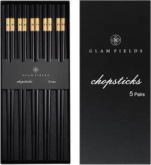 GLAMFIELDS 5 Pairs Premium Chopsticks Reusable Dishwasher Safe 9.5 Inch Fiberglass Chop Sticks Gift Set Non Slip Black+Gold GLAMFIELDS 5 Pairs Premium Chopsticks Reusable Dishwasher Safe 9.5 Inch Fiberglass Chop Sticks Gift Set Non Slip Black+Gold