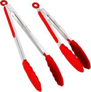 Silicone Kitchen Tongs for Cooking - 9+12 Inch Heat-Resistant Stainless Steel Cooking Tongs with Non-Slip Handle, Non-Scratch Tips for, BBQ, Salad & Air Fryer - 2-PieceRedSet Silicone Kitchen Tongs for Cooking - 9+12 Inch Heat-Resistant Stainless Steel Cooking Tongs with Non-Slip Handle, Non-Scratch Tips for, BBQ, Salad & Air Fryer - 2-PieceRedSet