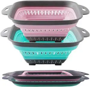 Collapsible Colander Set, Square Round Triangles Silicone Kitchen Strainer Perfect for Draining Pasta Vegetable fruit 2 PCS (10.8"L x 8.6"W x 2"H, Red & Green) Collapsible Colander Set, Square Round Triangles Silicone Kitchen Strainer Perfect for Draining Pasta Vegetable fruit 2 PCS (10.8"L x 8.6"W x 2"H, Red & Green)