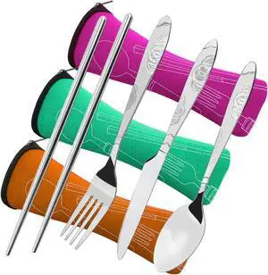 3 Pack Camping Silverware Set, CKANDAY 12 Pcs Knife Fork Spoon Chopsticks Stainless Steel with Carrying Case Rustproof Tableware Flatware for Traveling Picnic Working Hiking-Red/Green/Orange 3 Pack Camping Silverware Set, CKANDAY 12 Pcs Knife Fork Spoon Chopsticks Stainless Steel with Carrying Case Rustproof Tableware Flatware for Traveling Picnic Working Hiking-Red/Green/Orange