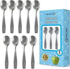 9 Piece Stainless Steel Kids Spoons - Child and Toddler Safe Flatware - Kids Utensil Set - Metal Kid Cutlery Set, Dinner Spoon Set for Dessert - Includes a Total of 9 Small Spoons 9 Piece Stainless Steel Kids Spoons - Child and Toddler Safe Flatware - Kids Utensil Set - Metal Kid Cutlery Set, Dinner Spoon Set for Dessert - Includes a Total of 9 Small Spoons