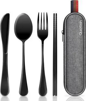 Travel Utensils with Case, Quatish Portable Silverware Set for Work, Stainless Steel Reusable Travel Cutlery Set, Fork and Spoon Set for Camping, Picnic, Gadgets, Lunch Box for Men, Black Travel Utensils with Case, Quatish Portable Silverware Set for Work, Stainless Steel Reusable Travel Cutlery Set, Fork and Spoon Set for Camping, Picnic, Gadgets, Lunch Box for Men, Black