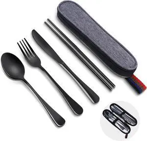 5 Piece Travel Utensils Set With Case, Stainless Steel, Black 5 Piece Travel Utensils Set With Case, Stainless Steel, Black