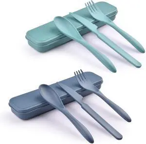 Zoyiancy 2 Sets Reusable Utensil Set with Case, Green, Blue Travel Utensils Zoyiancy 2 Sets Reusable Utensil Set with Case, Green, Blue Travel Utensils
