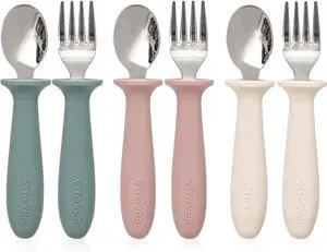 VITEVER 6 Pieces Toddler Utensils, Kids Silverware Set with Silicone Handle, Children Safe Spoons and Forks, 18/8 Stainless Steel, Food-grade Silicone - Dishwasher Safe VITEVER 6 Pieces Toddler Utensils, Kids Silverware Set with Silicone Handle, Children Safe Spoons and Forks, 18/8 Stainless Steel, Food-grade Silicone - Dishwasher Safe