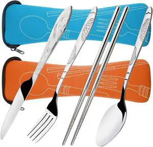 SENHAI 8 Pieces Flatware Sets Knife, Fork, Spoon, Chopsticks, 2 Pack Rustproof Stainless Steel Tableware Dinnerware with Carrying Case for Traveling Camping Picnic Working Hiking SENHAI 8 Pieces Flatware Sets Knife, Fork, Spoon, Chopsticks, 2 Pack Rustproof Stainless Steel Tableware Dinnerware with Carrying Case for Traveling Camping Picnic Working Hiking
