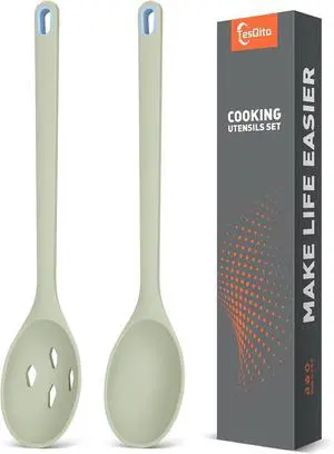 Silicone Cooking Spoon, Solid&Slotted Spoons, 2 Pack (Green) Silicone Cooking Spoon, Solid&Slotted Spoons, 2 Pack (Green)