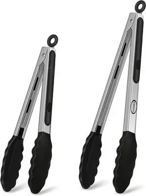 TACGEA Stainless Steel Kitchen Tongs with Silicone Tips, Locking Grilling Food Tongs, 9" and 12", Set of 2 Black TACGEA Stainless Steel Kitchen Tongs with Silicone Tips, Locking Grilling Food Tongs, 9" and 12", Set of 2 Black