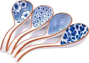 Ceramic Soup Spoon Set of 4, 6.5-Inch Blue and White Porcelain Ramen Spoons Ceramic Soup Spoon Set of 4, 6.5-Inch Blue and White Porcelain Ramen Spoons