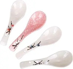 VanEnjoy Set of 4 Chinese/Japanese Ceramic Soup Spoons, Pink Cherry Blossom in Snow Pattern Ceramic Spoon Suitable for Soup VanEnjoy Set of 4 Chinese/Japanese Ceramic Soup Spoons, Pink Cherry Blossom in Snow Pattern Ceramic Spoon Suitable for Soup
