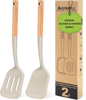Pack of 2 Silicone Spatula Set with Elegant Wooden Handle, Heat Resistant Solid & Slotted Turner for Non Stick Pans, Great Kitchen Spatulas, Cooking Utensils for Sautéing, Frying and Flipping Pack of 2 Silicone Spatula Set with Elegant Wooden Handle, Heat Resistant Solid & Slotted Turner for Non Stick Pans, Great Kitchen Spatulas, Cooking Utensils for Sautéing, Frying and Flipping
