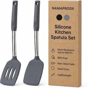 Silicone Spatula Set (2-Pc) - 600°F Heat Resistant, BPA Free, Non-Scratch, Dishwasher Safe I Slotted & Solid Kitchen Spatula Turners I Ideal for Eggs, Pancakes, Fish I Stainless Steel I Gray Silicone Spatula Set (2-Pc) - 600°F Heat Resistant, BPA Free, Non-Scratch, Dishwasher Safe I Slotted & Solid Kitchen Spatula Turners I Ideal for Eggs, Pancakes, Fish I Stainless Steel I Gray