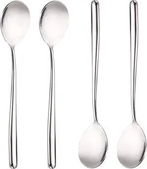 Stainless Steel Spoon,Long handle Great Circle Soup Spoons Korean Long Handled Soup Spoon,Stainless Steel Round handle Bar Spoons Silver Set of 4 Stainless Steel Spoon,Long handle Great Circle Soup Spoons Korean Long Handled Soup Spoon,Stainless Steel Round handle Bar Spoons Silver Set of 4