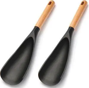 2 PackSilicone Cooking Spoon for Nonstick Cookware - Wooden Handle Kitchen Spoon for Mixing, Flipping, Scraping & Serving - Heat-Resistant Spatula for Baking, Stirring (11.4'' Black 2-Pcs) 2 PackSilicone Cooking Spoon for Nonstick Cookware - Wooden Handle Kitchen Spoon for Mixing, Flipping, Scraping & Serving - Heat-Resistant Spatula for Baking, Stirring (11.4'' Black 2-Pcs)