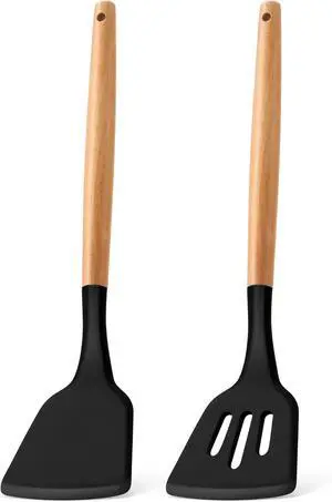 E-far Silicone Spatula Turner, 2 Pack Heat Resistant Kitchen Spatulas for Nonstick Cookware, Rubber Solid Slotted Spatula Cooking Utensils for Fish, Eggs, Pancakes (Black) E-far Silicone Spatula Turner, 2 Pack Heat Resistant Kitchen Spatulas for Nonstick Cookware, Rubber Solid Slotted Spatula Cooking Utensils for Fish, Eggs, Pancakes (Black)