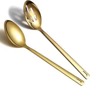 Gold Cooking Spoons Set Of 2, Kyraton Stainless Steel Kitchen Solid Slotted Spoon, Titanium Gold Plating Cooking Utensils Set for Mixing, Serving, Stiring Gold Cooking Spoons Set Of 2, Kyraton Stainless Steel Kitchen Solid Slotted Spoon, Titanium Gold Plating Cooking Utensils Set for Mixing, Serving, Stiring