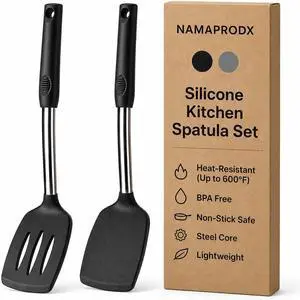 Silicone Spatula Set (2-Pc) - 600°F Heat Resistant, BPA-Free, Non-Scratch, Dishwasher Safe I Slotted & Solid Kitchen Spatula Turner I Ideal for Eggs, Pancakes, Fish I Stainless Steel I Black Silicone Spatula Set (2-Pc) - 600°F Heat Resistant, BPA-Free, Non-Scratch, Dishwasher Safe I Slotted & Solid Kitchen Spatula Turner I Ideal for Eggs, Pancakes, Fish I Stainless Steel I Black
