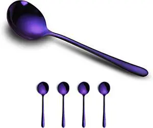 4-Piece Purple Soup Spoons Stainless Steel Bouillion Spoons, 6.88 Inch Round Head, Heavy-Weight Stainless Steel Korean Spoon Set of 4, Rice Spoon Silverware Set 4-Piece Purple Soup Spoons Stainless Steel Bouillion Spoons, 6.88 Inch Round Head, Heavy-Weight Stainless Steel Korean Spoon Set of 4, Rice Spoon Silverware Set