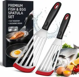2pcs Silicon Fish Spatula | Heat Resistant | Stainless Steel Turner with Black Handle, Silicone Edge, Thin Slotted Metal Flipper for Nonstick Cookware, Fish, Omelets, Egg, Pancake, Steak 2pcs Silicon Fish Spatula | Heat Resistant | Stainless Steel Turner with Black Handle, Silicone Edge, Thin Slotted Metal Flipper for Nonstick Cookware, Fish, Omelets, Egg, Pancake, Steak