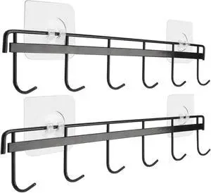 YiZhi Adhesive Wall Hooks Rack Kitchen Rail, Space Saving Utensil Holder No Drilling Wall Mounted Accessory Hanger with 6 Hooks for Kitchen Bathroom Bedroom Pack of 2 (Black) YiZhi Adhesive Wall Hooks Rack Kitchen Rail, Space Saving Utensil Holder No Drilling Wall Mounted Accessory Hanger with 6 Hooks for Kitchen Bathroom Bedroom Pack of 2 (Black)