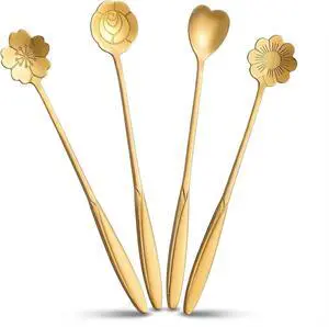 7-Inch 4 Pcs Flower Spoon Coffee Teaspoon Set, Drink Stirring Spoon for Dessert, Coffee, Ice Cream, Tea (Gold) 7-Inch 4 Pcs Flower Spoon Coffee Teaspoon Set, Drink Stirring Spoon for Dessert, Coffee, Ice Cream, Tea (Gold)