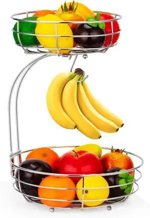 Auledio 2-Tier Countertop Fruit Vegetables Basket Bowl Storage With Banana Hanger,Chrome Auledio 2-Tier Countertop Fruit Vegetables Basket Bowl Storage With Banana Hanger,Chrome
