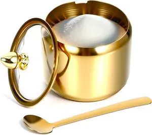 Gold Sugar Bowl with Glass Lid and Spoon, 10oz Capacity Stainless Steel Sugar Container Round Kitchen Storage Pot Coffee Bar Accessories for Kitchen Storage, Salt, Candy, Coffee Beans Gold Sugar Bowl with Glass Lid and Spoon, 10oz Capacity Stainless Steel Sugar Container Round Kitchen Storage Pot Coffee Bar Accessories for Kitchen Storage, Salt, Candy, Coffee Beans