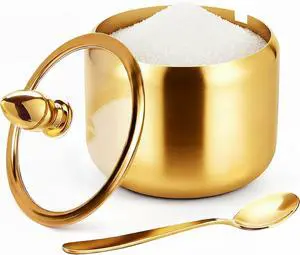 Coffee Bar Accessories Sugar Container with Glass Lid and Spoon, 10oz Gold Sugar Bowl for Kitchen Storage, Sugar Jar for Salt, Candy, Coffee Bean, Gold Coffee Bar Accessories Sugar Container with Glass Lid and Spoon, 10oz Gold Sugar Bowl for Kitchen Storage, Sugar Jar for Salt, Candy, Coffee Bean, Gold