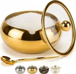 15OZ Sugar Bowl with Glass Lid and Spoon, Sugar Container of Coffee Bar Accessories, Stainless Steel Jar for Salt, Tea, Brown Sugar Cube, Dishwasher Safe, Kitchen Decor Countertop Storage, Gold 15OZ Sugar Bowl with Glass Lid and Spoon, Sugar Container of Coffee Bar Accessories, Stainless Steel Jar for Salt, Tea, Brown Sugar Cube, Dishwasher Safe, Kitchen Decor Countertop Storage, Gold