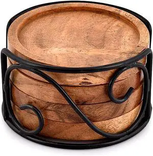 EDHAS Acacia Wood Coaster Set of 4 with Iron Holder for Tea, Drinks, Mugs, Cans, Glasses for Any Table Type (4" x 4" x 0.5") EDHAS Acacia Wood Coaster Set of 4 with Iron Holder for Tea, Drinks, Mugs, Cans, Glasses for Any Table Type (4" x 4" x 0.5")
