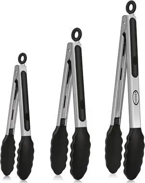 TACGEA Stainless Steel Kitchen Tongs with Silicone Tips, Locking Grilling Food Tongs, 7" 9" and 12", Set of 3 Black TACGEA Stainless Steel Kitchen Tongs with Silicone Tips, Locking Grilling Food Tongs, 7" 9" and 12", Set of 3 Black