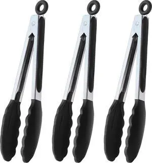 HINMAY Serving Tongs 9" Cooking Tongs with Silicone Tips, Set of 3 (Black) HINMAY Serving Tongs 9" Cooking Tongs with Silicone Tips, Set of 3 (Black)