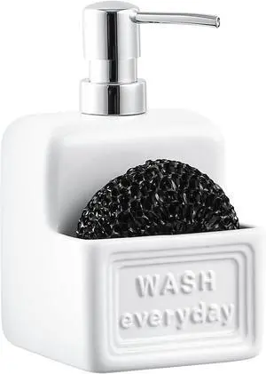 RQYIXI 2-in-1 Ceramic Dish Soap Dispenser with Sponge Holder, White, 15 Oz RQYIXI 2-in-1 Ceramic Dish Soap Dispenser with Sponge Holder, White, 15 Oz