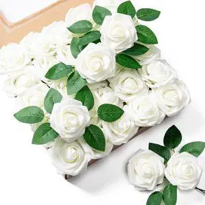 Aegero Artificial Flowers 25pcs Foam Fake Roses with Stems for DIY Wedding Bouquets Bridal Shower Centerpieces Arrangements Party Tables Valentines Day Decorations Christmas Tree Ivory Aegero Artificial Flowers 25pcs Foam Fake Roses with Stems for DIY Wedding Bouquets Bridal Shower Centerpieces Arrangements Party Tables Valentines Day Decorations Christmas Tree Ivory