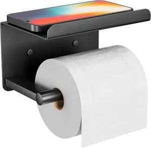 Adhesive Toilet Paper Holder with Phone Shelf, Wall Mounted Toilet Paper Roll Holder, Rustproof Bathroom Tissue Roll Holder with Shelf, Sticky Toilet Paper Roll Holder- Matte Black Adhesive Toilet Paper Holder with Phone Shelf, Wall Mounted Toilet Paper Roll Holder, Rustproof Bathroom Tissue Roll Holder with Shelf, Sticky Toilet Paper Roll Holder- Matte Black