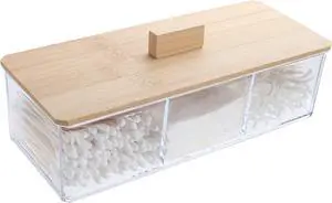 Wood Qtip Holder 3 Compartments Cotton Ball and Swab Holder Organizer with Lid,Jar for Cotton Rounds,Bathroom Containers,Clear Acrylic Desk Organizer for Makeup Pads,Cosmetics Bedroom Wood Qtip Holder 3 Compartments Cotton Ball and Swab Holder Organizer with Lid,Jar for Cotton Rounds,Bathroom Containers,Clear Acrylic Desk Organizer for Makeup Pads,Cosmetics Bedroom